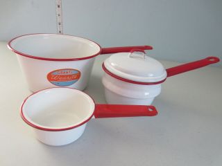 Vintage Set Of 3 Red And White Grants Wearite Enamelware Sauce Pans