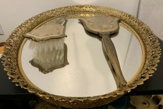 Vintage Gold Filigree Ornate Vanity Tray Oval Shaped,  Large With Brush & Mirror