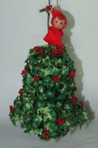 Vintage Napco Hanging Plastic Holly & Berries Bell Decoration W Red Knee Hugger