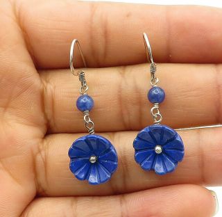 925 Sterling Silver - Vintage Lapis Lazuli Flower Design Dangle Earrings - E6604