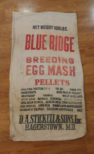 Vintage Blue Ridge Breeding Egg Mash Pellets 100 Lb Feed Bag,  Hagerstown,  Md