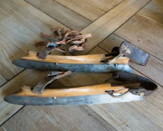 Vintage Dutch Wooden Ice Skates G.  S.  Ruiter,  Bolsward With Leather Straps.  12.  5 "