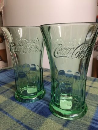 2 Vintage Style Coke Coca Cola Glasses Green Libby Flared Heavy Cond 16oz