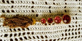 Vintage Sarah Coventry Pink Rhinestone Pin Gold Tone Tassel Chain Brooch