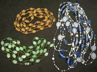 3 Vintage Czech / Venetian Vintage Glass Bead Necklaces Green Blue Butterscotch