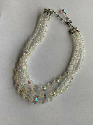 Vintage Silver Tone Rhinestone Clasp Ab Crystal Triple Strand Necklace