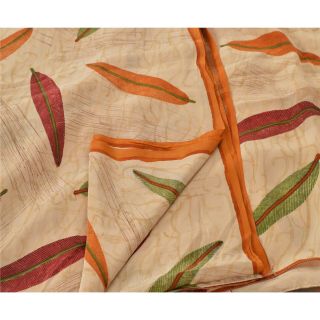 Sanskriti Vintage Cream Saree Pure Crepe Silk Fabric Printed Sari 5Yd Craft 2