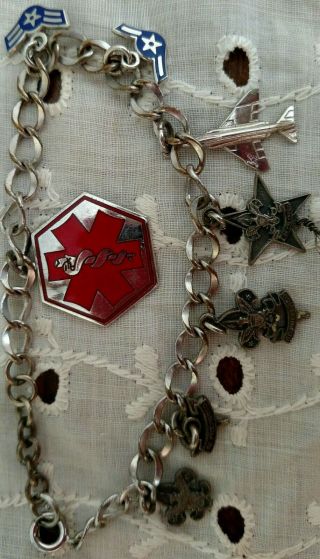 Vintage Boy Scout (sterling Silver) / Air Force (metal Unsure) 7 Charm Bracelet