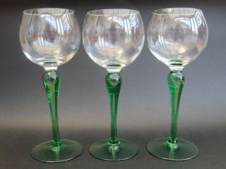 3 X Vintage Retro Green Stemmed Hock Wine Glasses