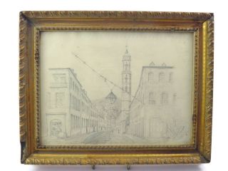 Antique 20th Century English School Pencil Drawing Street Scene City Landscape