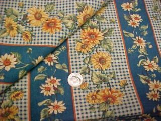 5 Yd Vintage Cotton Fabric Quilt Sew Material Sunflowers Teal Checks Stripes