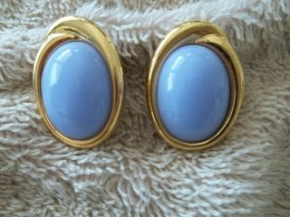 Vintage Crown " Trifari " Oval Clip Earrings,  Gold Tone Metal,  Blue Acrylic Stones