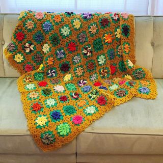 Vtg Afghan Crochet Granny Blanket Flowers Floral Patchwork Green Orange