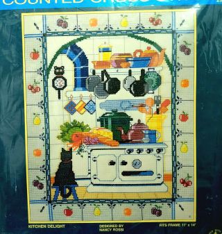 Vtg Sunset Cross Stitch Cat Kitchen Delight Kit Country N Rossi 1986 Has