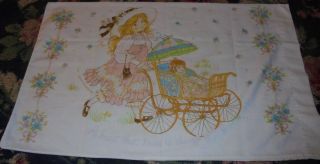 Flawed Single Pillowcase Vintage Floral Little Girl Pushing Baby Doll Carriage