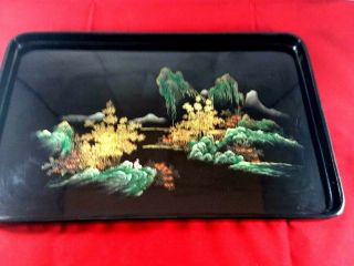 Vintage Black Lacquer Tray Hand Painted Made In Japan Decor