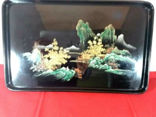 Vintage Black Lacquer Tray Hand Painted made in Japan Decor 3