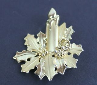 Vintage Pin Brooch Christmas Candle Holly Leaf Gold Tone