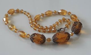 Vintage Art Deco Czech Faceted Amber Glass Brass Necklace