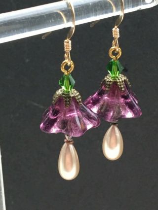 Art Deco Style Suffragette Glass Vintage Pearl,  Glass Flower Earrings
