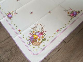 Vintage Linen Tablecloth Runner Easter Eggs Flowers