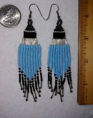 Vtg Southwestern Native Seedbead Earrings Blue Black Hanging Chandelier Pierced