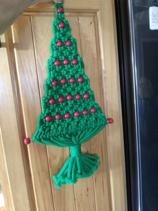 Vintage Macrame Christmas Tree Wall Hanging With Wood Beads 24 "