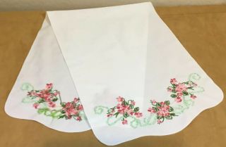 Vintage Dresser Scarf,  Cotton,  Embroidered Flowers & Scrolls,  Leaves,  White Pink
