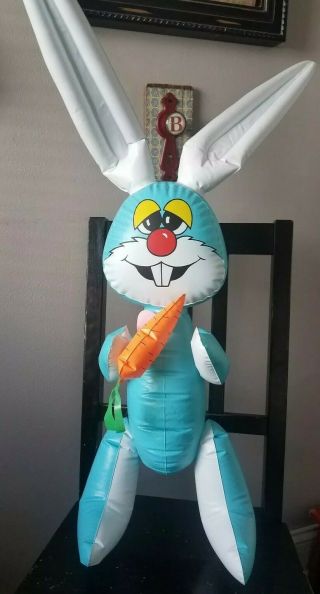 Vintage Inflateable Blow Up Blue Easter Bunny Rabbit W/ Squeaker