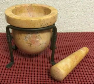 Vtg & Unusual Unique Marble Tan,  Pink,  Gray,  Blue Mortar And Pestle Iron Stand