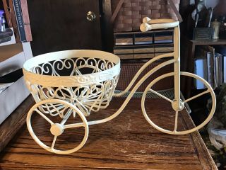 Vintage Ivory Wrought Iron Metal Plant Stand Antique Bicycle Tricycle 16” Heavy