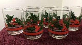 6 Vintage Libby Holly Berry Christmas Drinking Glasses 4”