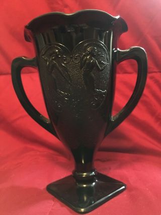 Vintage Le Smith Black Amethyst Glass Dancing Nymphs 7 " Loving Cup Trophy Vase