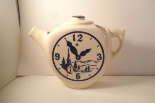 Vintage Art Pottery Teapot Wall Pocket Hanging Blue Church Clock