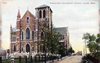 Immaculate Conception Church,  Lowell Ma Street Scene Vintage Postcard C1909 C15