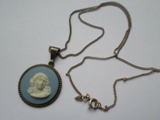 Vintage Silver Mounted Blue Jasper Wedgwood Pendant On 16 " Or 41 Cm Silver Chain