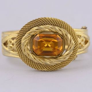 Vtg 1950’s - 60’s Victorian Revival Goldtone Amber Glass Mesh Wide Bracelet
