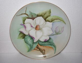 Vtg Art Pottery Hand Painted Germany Porcelain White Magnolia Plate Signed Groth