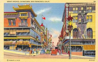 Grant Avenue,  Chinatown San Francisco,  Ca Street Scene Vintage Linen Postcard