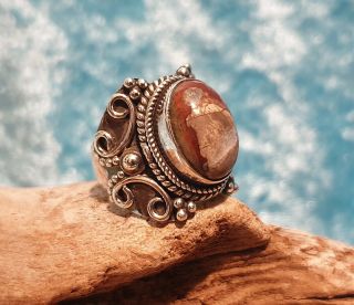 Vintage 925 Solid Sterling Silver And Picasso Jasper Cabochon Ring