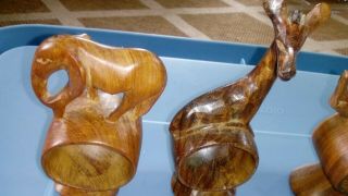 4 vintage Hand Carved Wood Safari Napkin Holders giraffe rhino 2 elephants 3