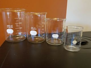 Complete Set Of Vintage Pyrex Beakers Lab Glass 100 250 400 600 Ml Euc