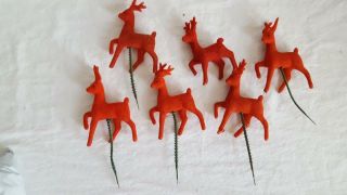6 Vintage Red Flocked Reindeer Florist Picks,  4 " Deer,  4 " Pick,  Christmas,  Unique