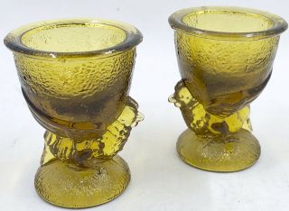 2 Vintage Yellow Glass Egg Cups Chicks Chickens Pressed Glass Footed 2.  75”