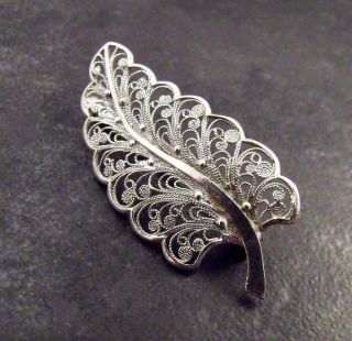 Vintage Sterling Silver Filigree Leaf Pin Brooch