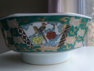 Vintage Gold Imari Green Bowl With Birds Japanese Hand Painted