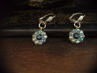 Vintage Montana Blue & Ab Sapphire Crystal Drop Pierced Earrings