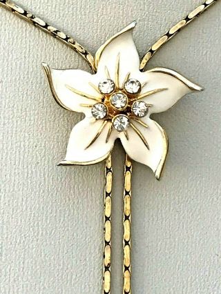 Vintage Jewellery Gold Tone Slider Necklace White Enamel & Glass Stone Flower