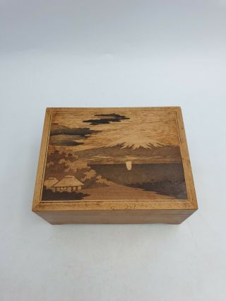 Vtg Japanese Hand Made Hinged Footed Wooden Jewellery Storage Box Mount Fuji