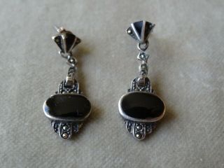 Antique Vintage Jewellery Art Deco Sterling Silver Marcasite Onyx Drop Earrings